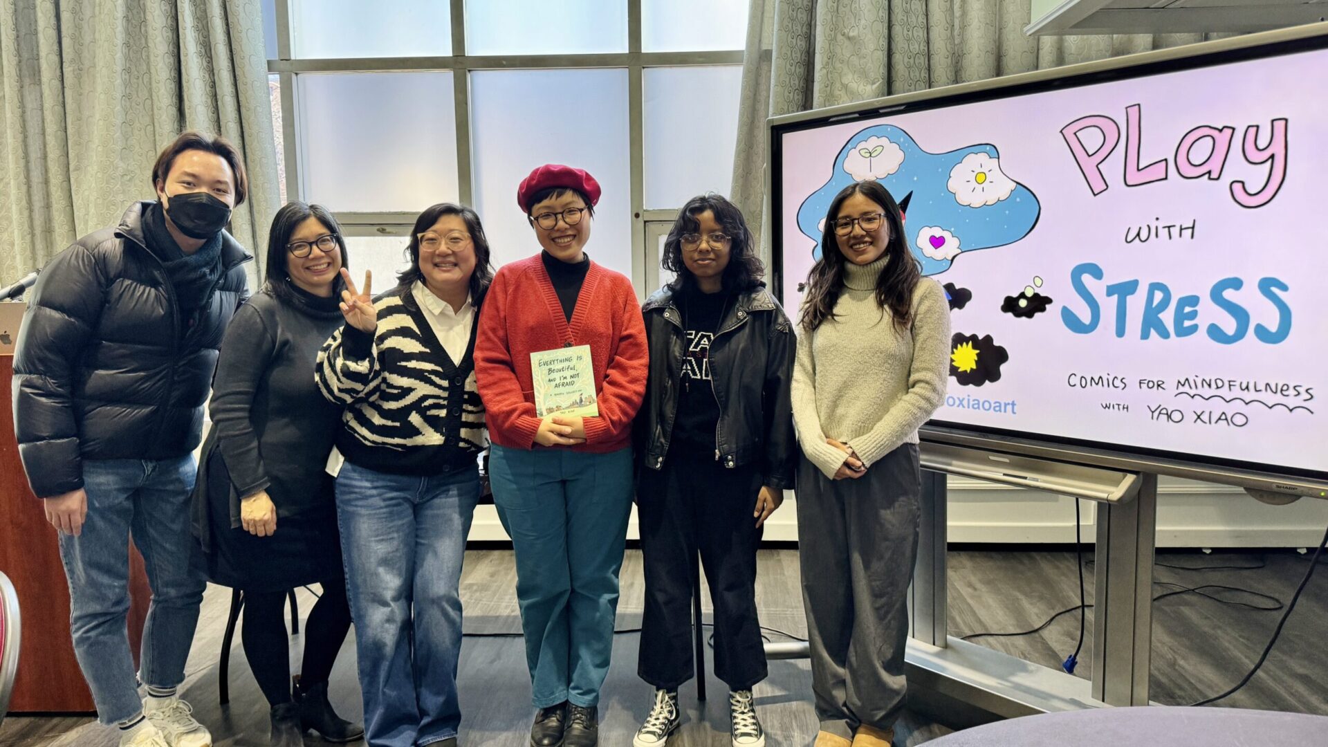 QCAP Team members (left to right) Ray, Amy, Caroline, Sal, and Annabelle with artist Yao Xiao at a Fall 2023 QCAP Mental Health Workshop